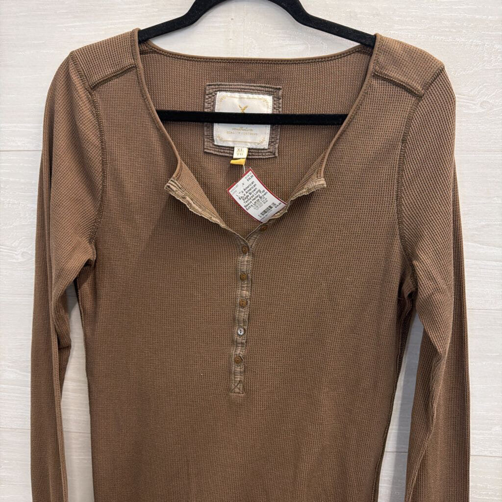 American Eagle Brown Textured Long Sleeve Henley Top Extra Large