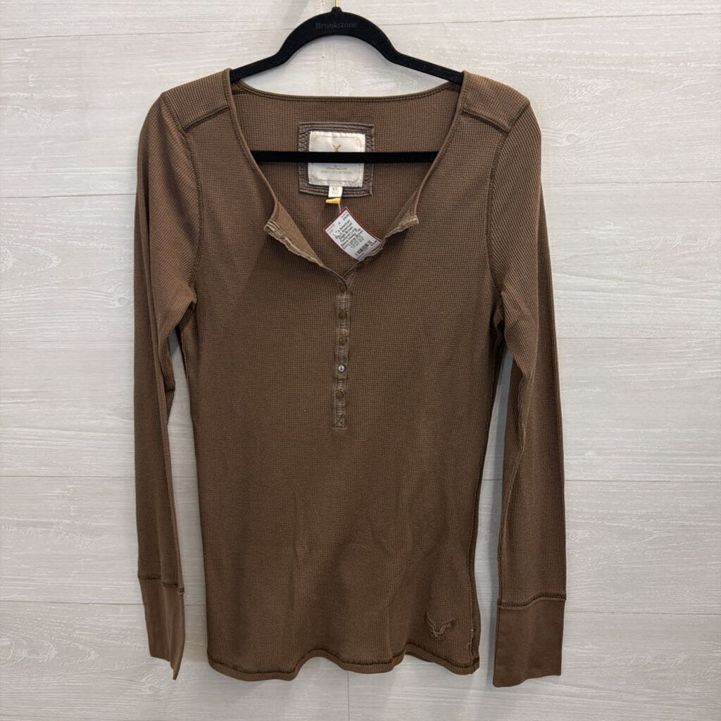 American Eagle Brown Textured Long Sleeve Henley Top Extra Large