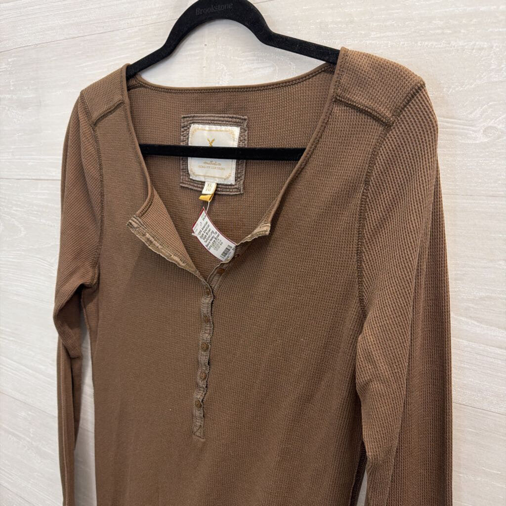 American Eagle Brown Textured Long Sleeve Henley Top Extra Large