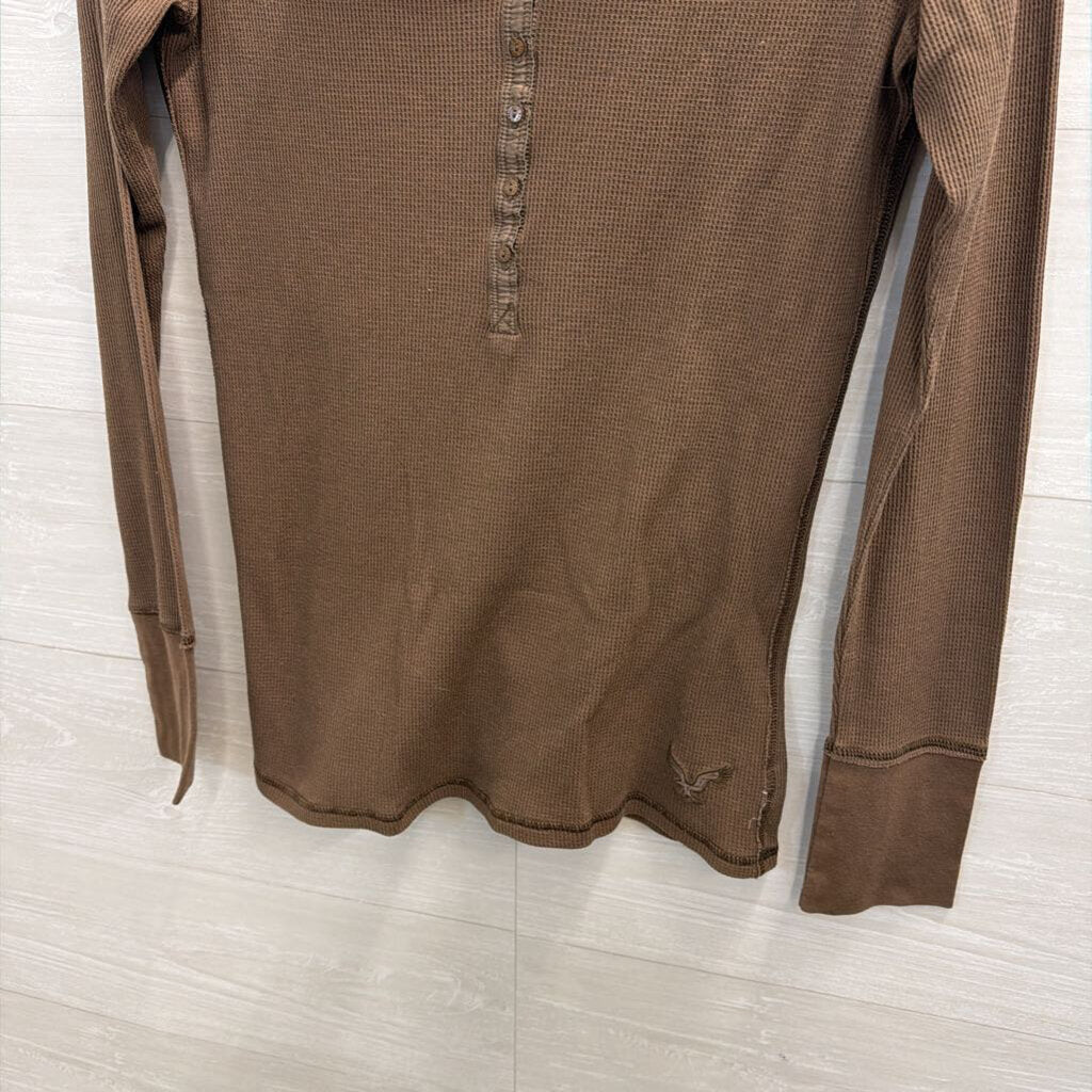 American Eagle Brown Textured Long Sleeve Henley Top Extra Large