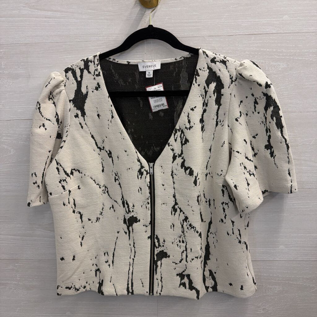 Evereve White/ Black Print Zip Front Top Extra Large