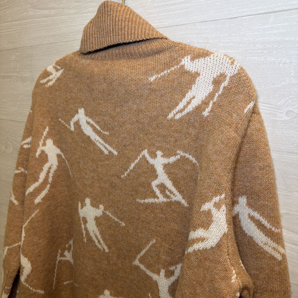 Halogen Brown/ White Knit Ski Print Turtleneck Sweater Large