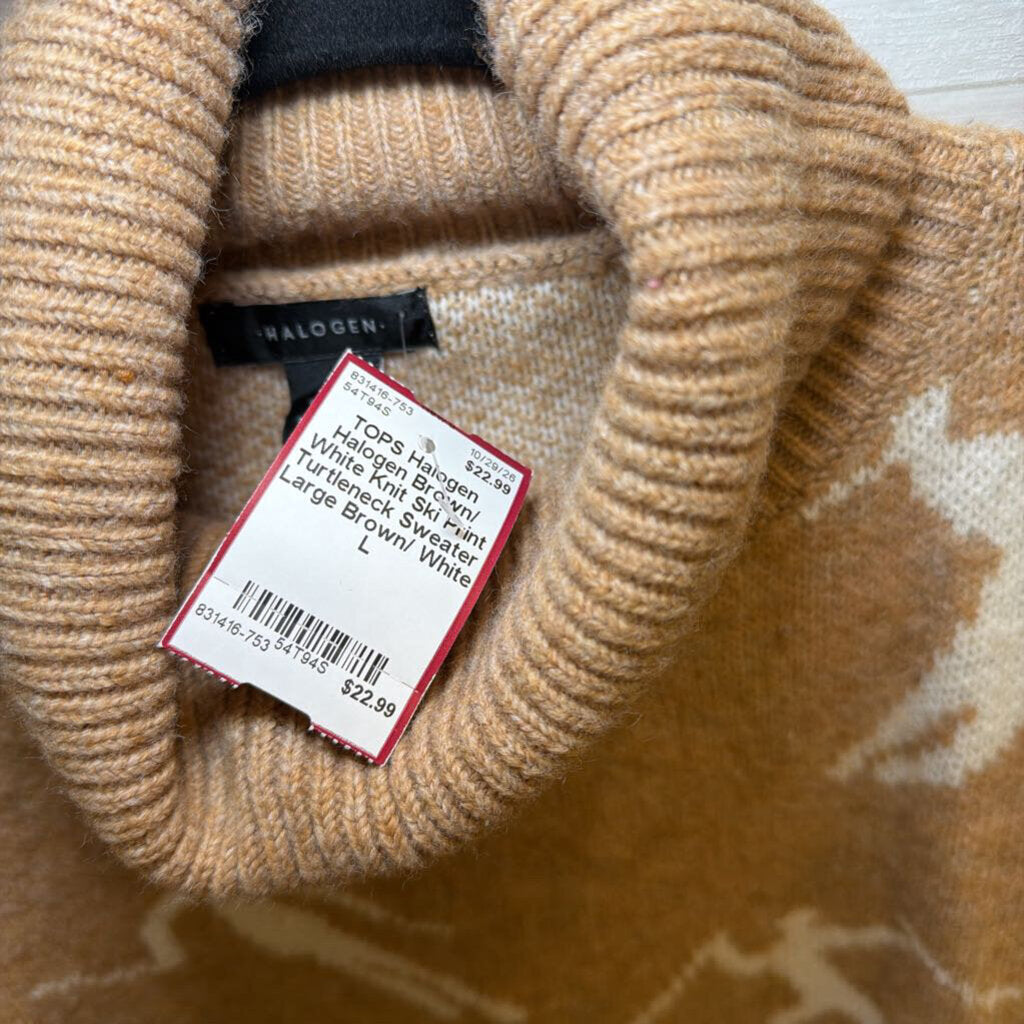 Halogen Brown/ White Knit Ski Print Turtleneck Sweater Large