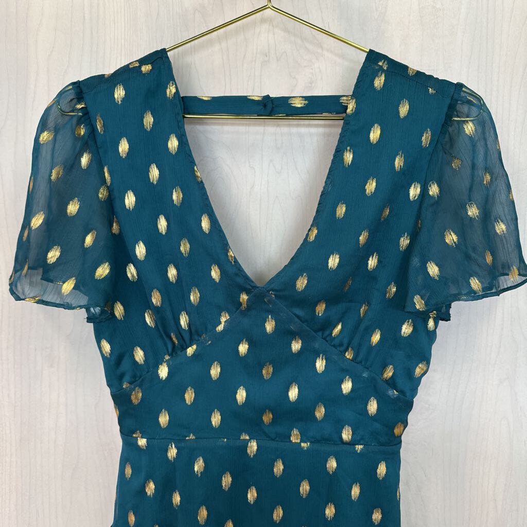 Emerald Green Flowy Dress with Gold Dots Extra Small