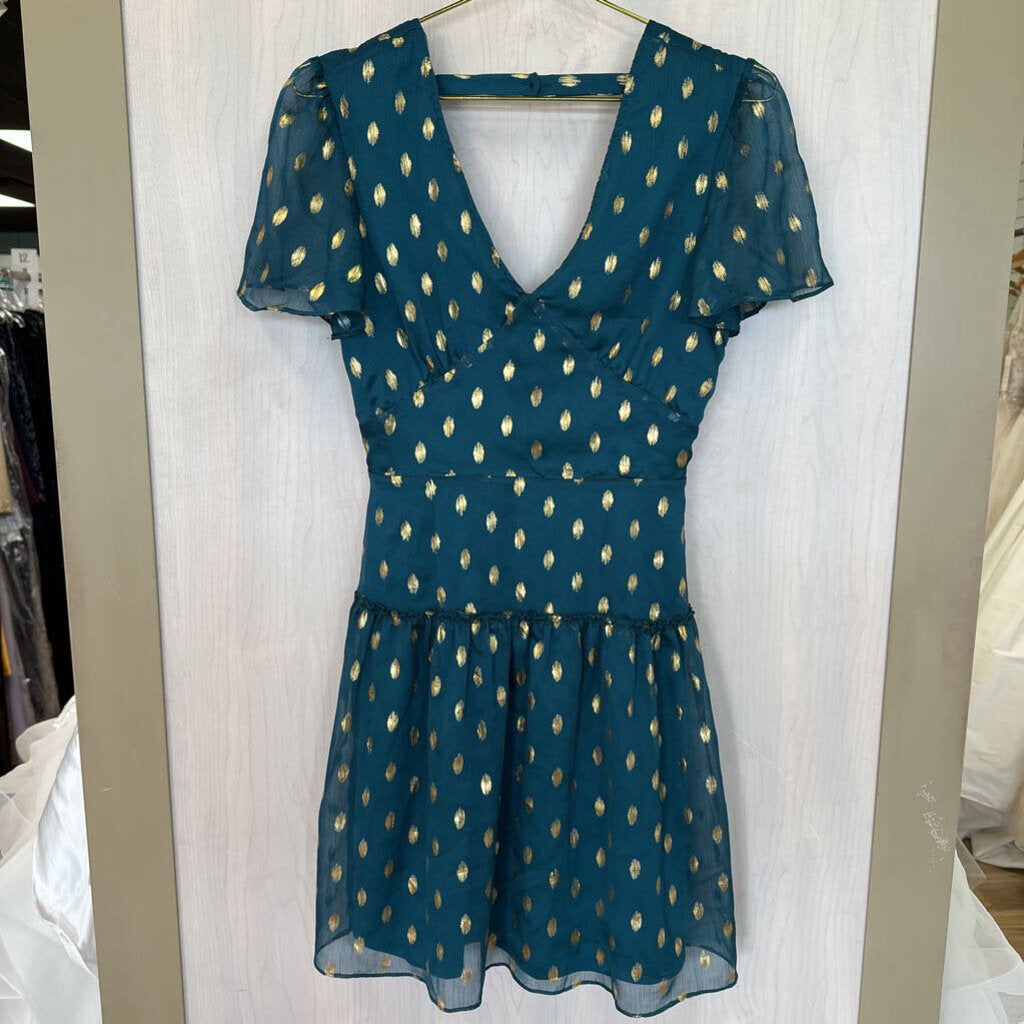 Emerald Green Flowy Dress with Gold Dots Extra Small