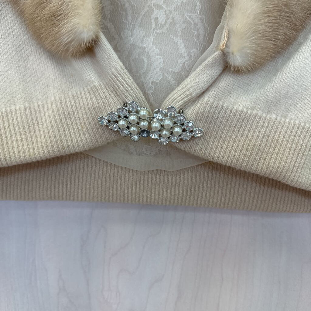 Small VintageFur Lined Cardigan with Rhinestone/Pearl Buttons and Brooch