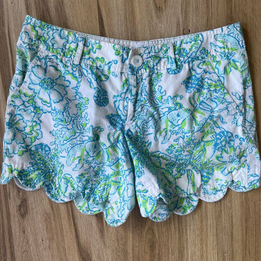 Size 2 Blue and Green Floral Scalloped Hem Shorts