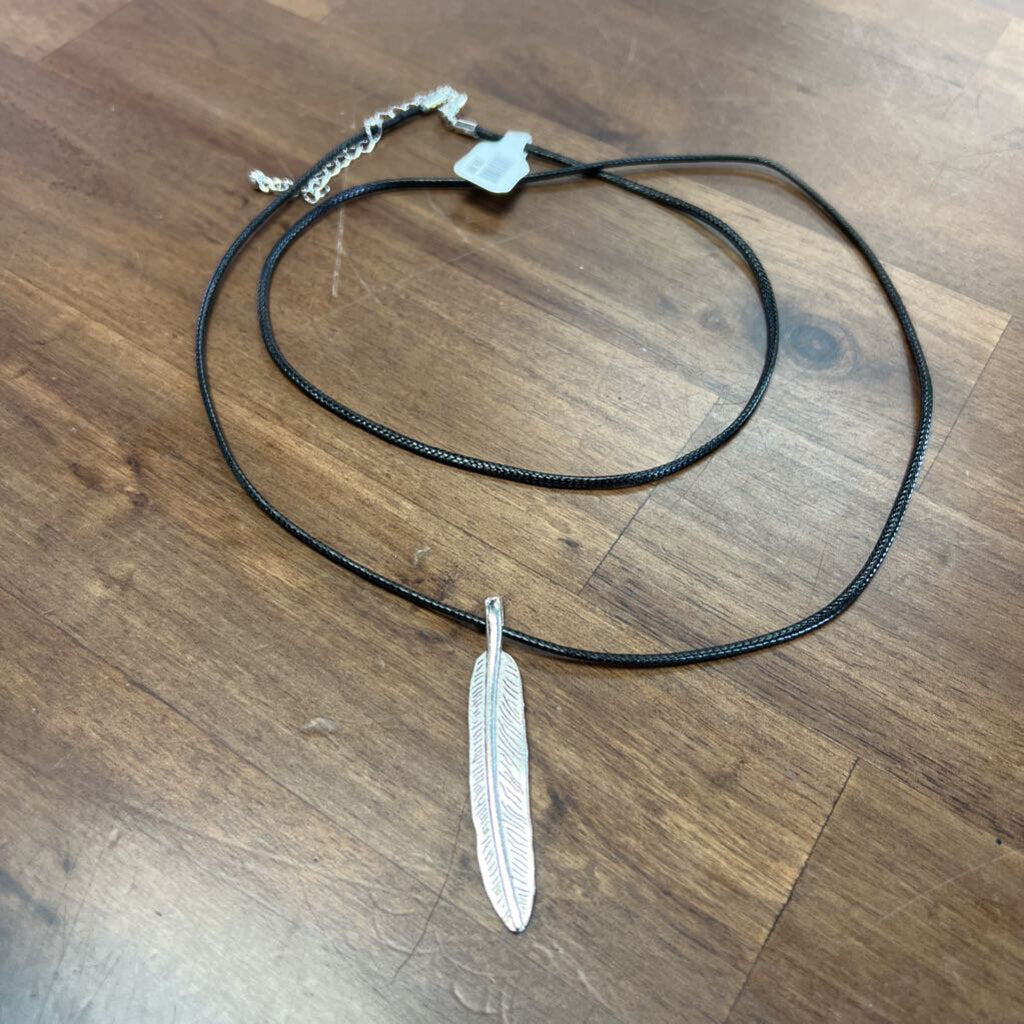 Black Fabric Silver Feather Long Necklace