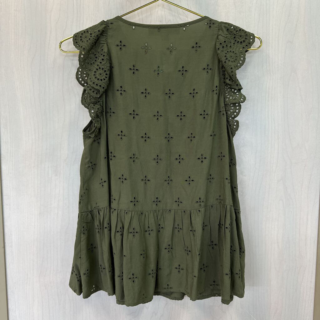 Army Green Eyelet Flutter Sleeve Top Extra Small
