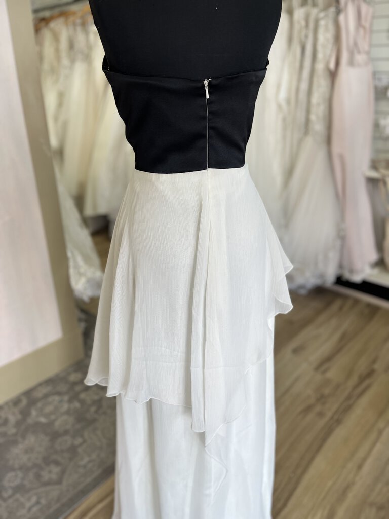 Jessica McClintock for Gunne Sax Strapless Black Satin Top Cream Crinkle Chiffon Long Skirt Dress 9
