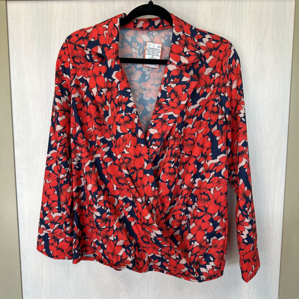 Collared Long Sleeve Navy/ Red Floral Print Top Medium
