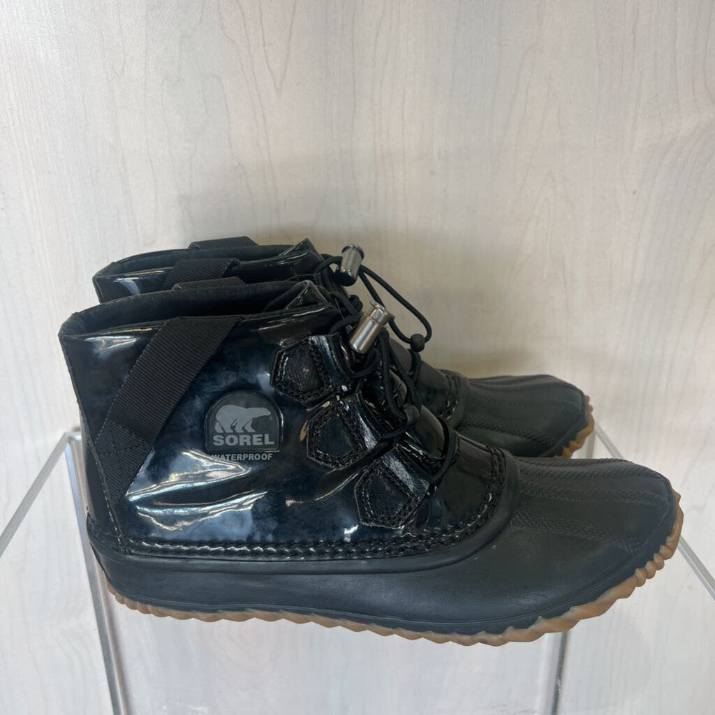 Sorel Black Patent Leather Rainboots Ankle 8.0