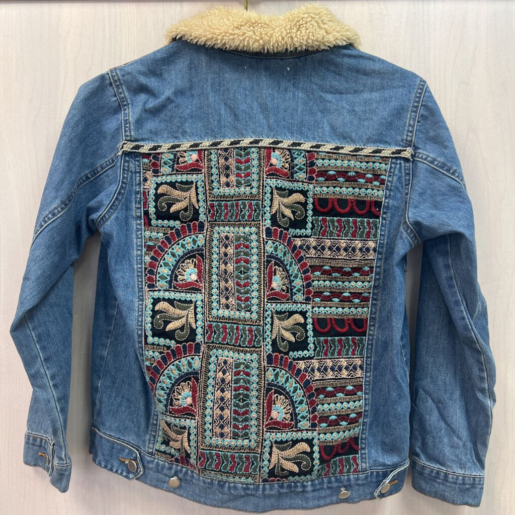 Denim Embroidered Jacket with Sherpa Collar Small
