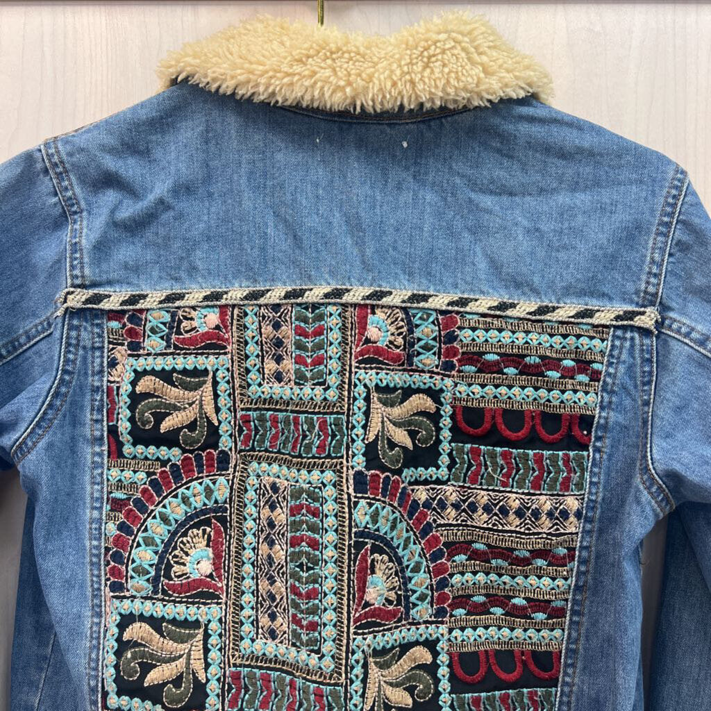 Denim Embroidered Jacket with Sherpa Collar Small