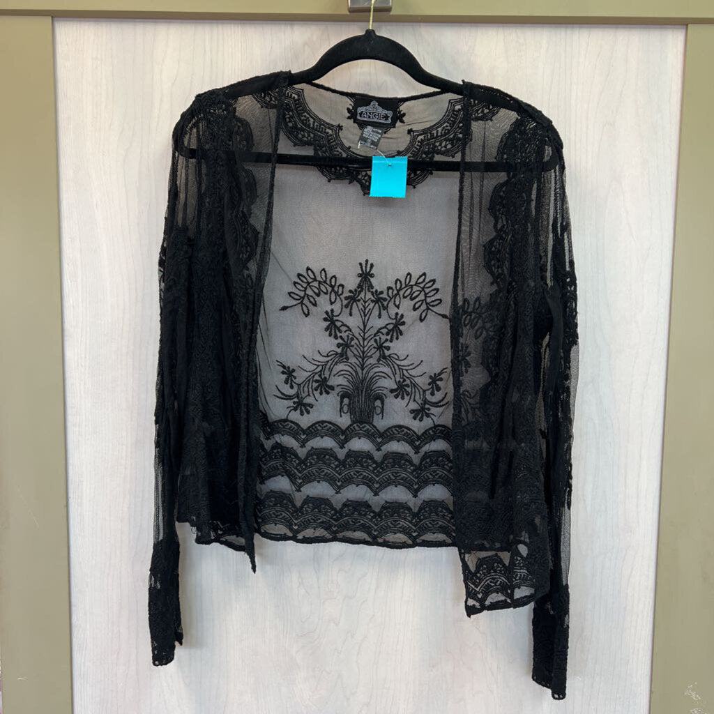Angie Sheer Black Lace Open Front Cardigan Small