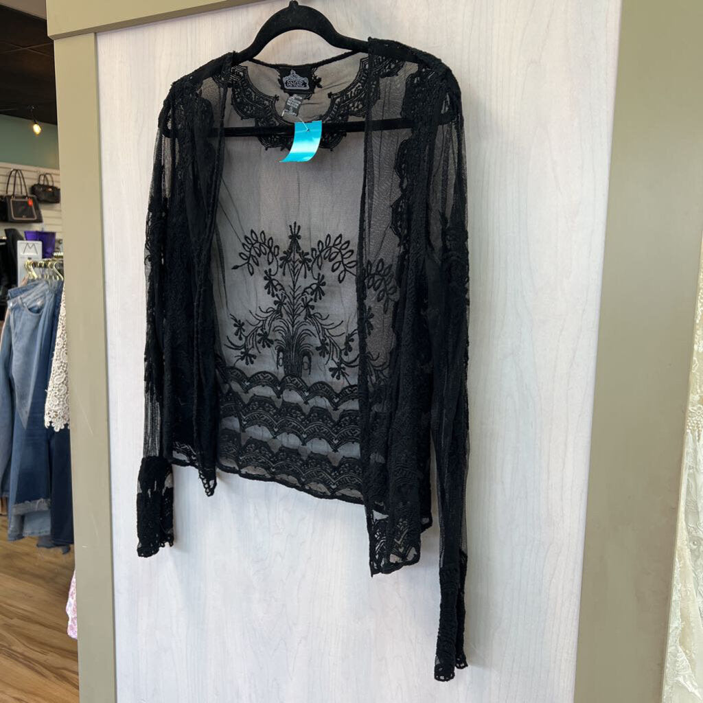 Angie Sheer Black Lace Open Front Cardigan Small