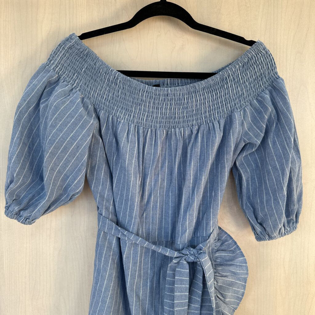 Blue/White Striped Off-shoulder Ruffle Short Dress Medium