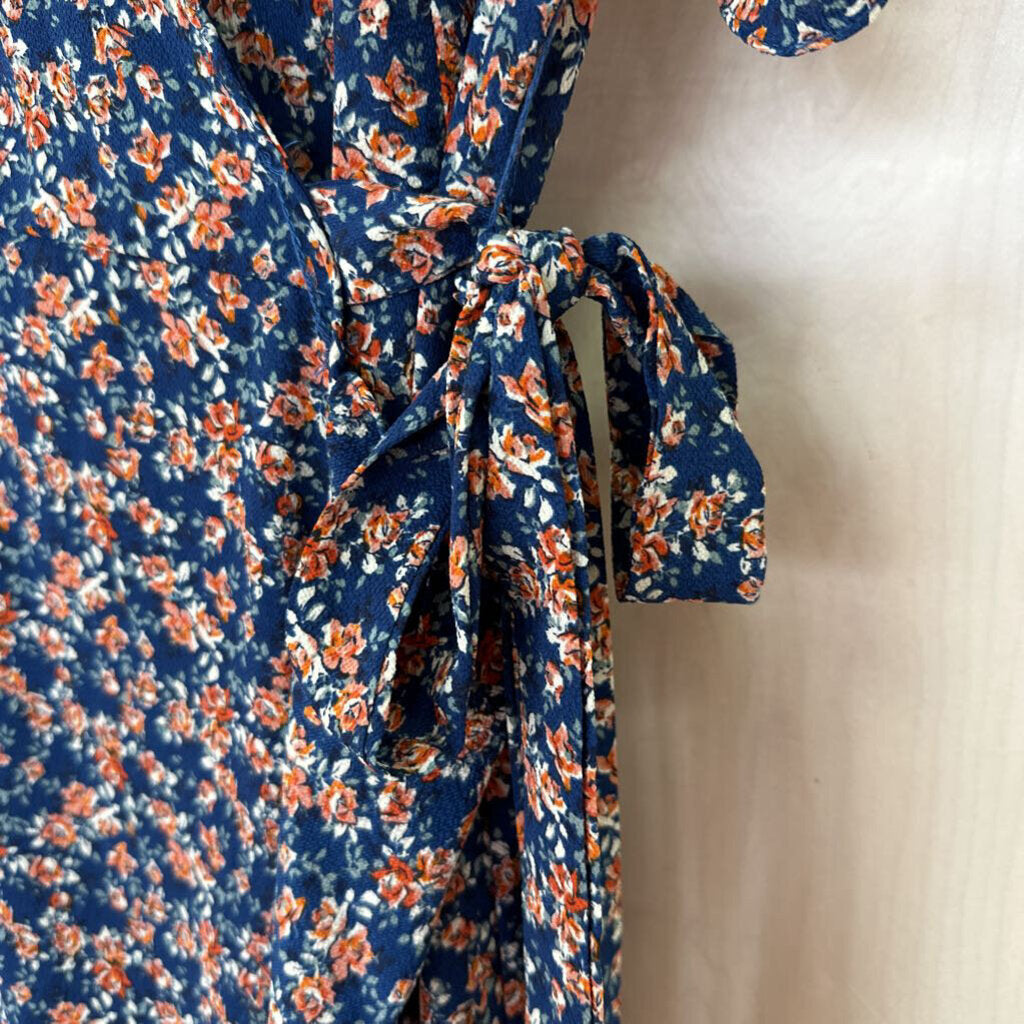 Blue/Orange Floral Wrap Midi Dress Medium