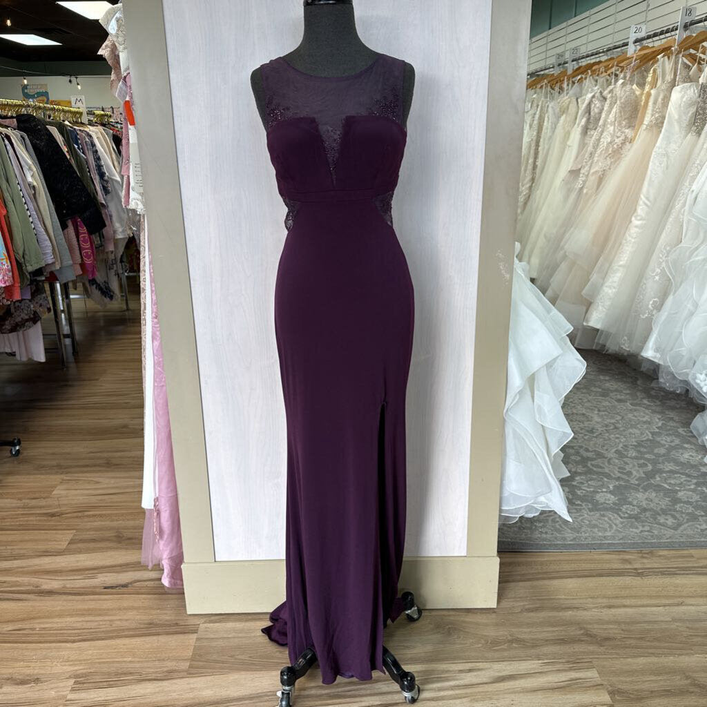 La Femme Eggplant Crepe Long Dress with Mesh Cutouts 4