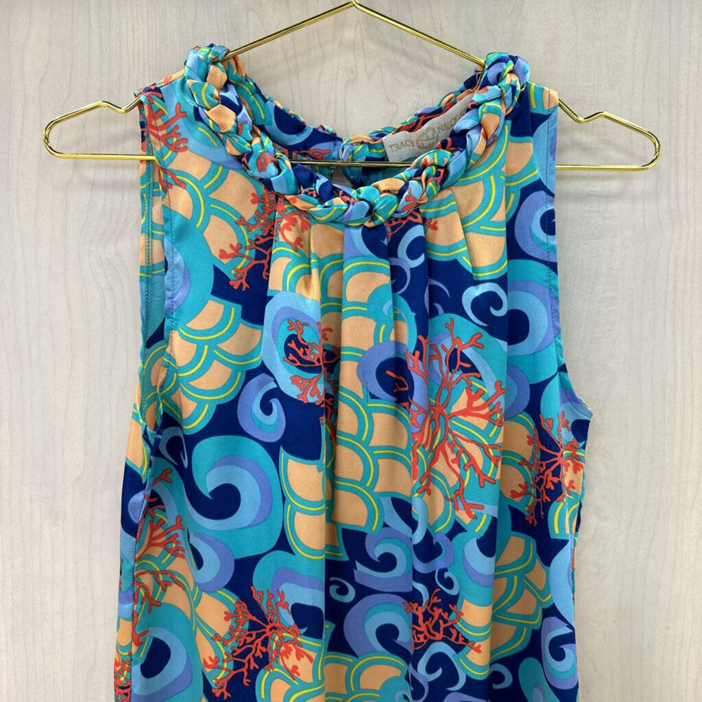 Blue Multi Color Printed Silk Tank Dress Size Small