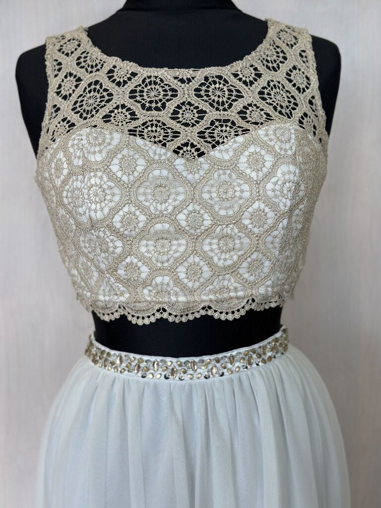 White/Gold Two-Piece Crochet Top Long Dress 7