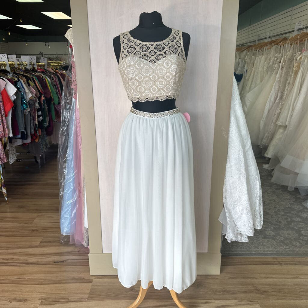 White/Gold Two-Piece Crochet Top Long Dress 7