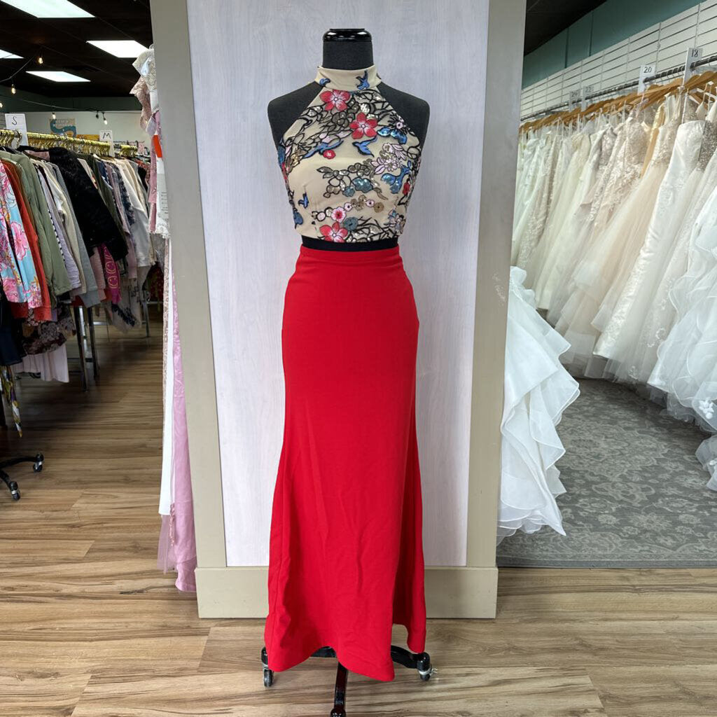 Red/Floral Two Piece Long Dress 3