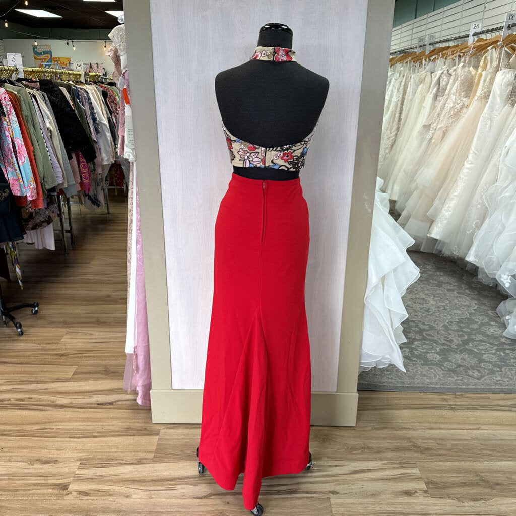 Red/Floral Two Piece Long Dress 3