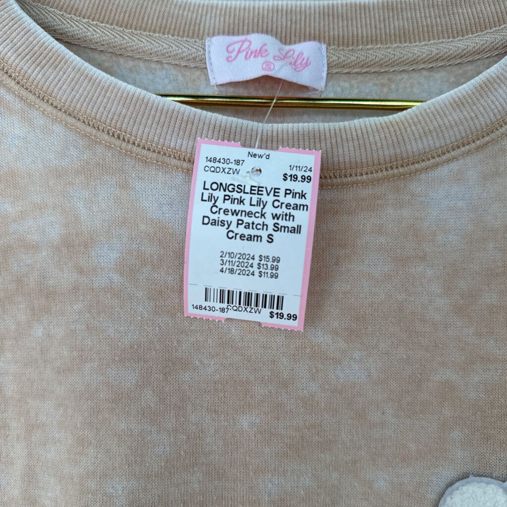 Pink Lily Cream Crewneck with Daisy Patch Small