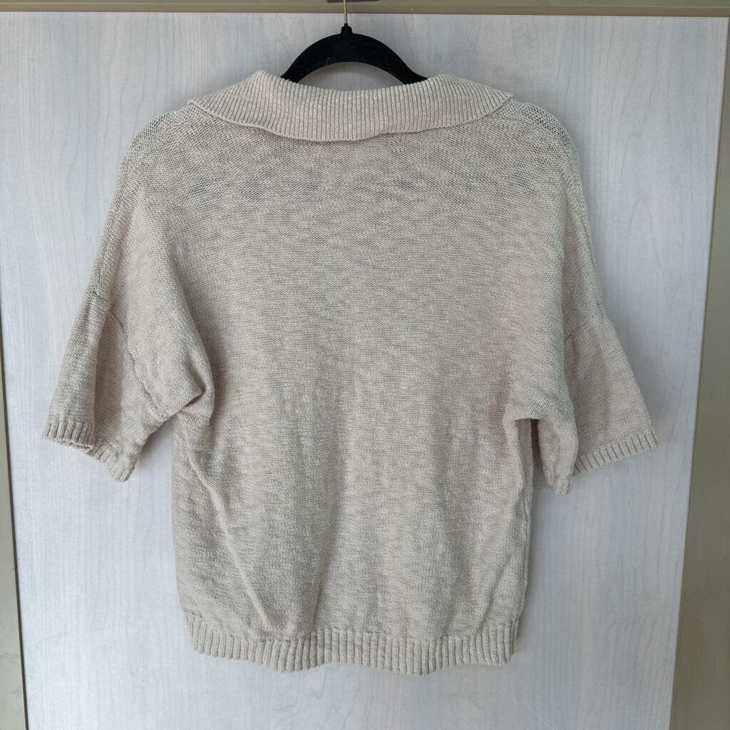 Beige Sweater Shortsleeve Collared Top Small