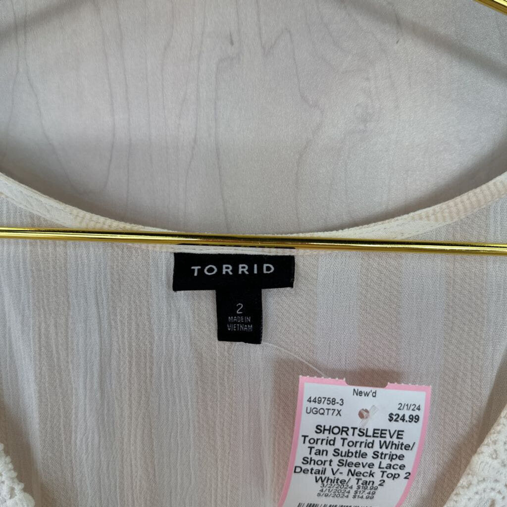 Torrid White/ Tan Subtle Stripe Short Sleeve Lace Detail V- Neck Top 2