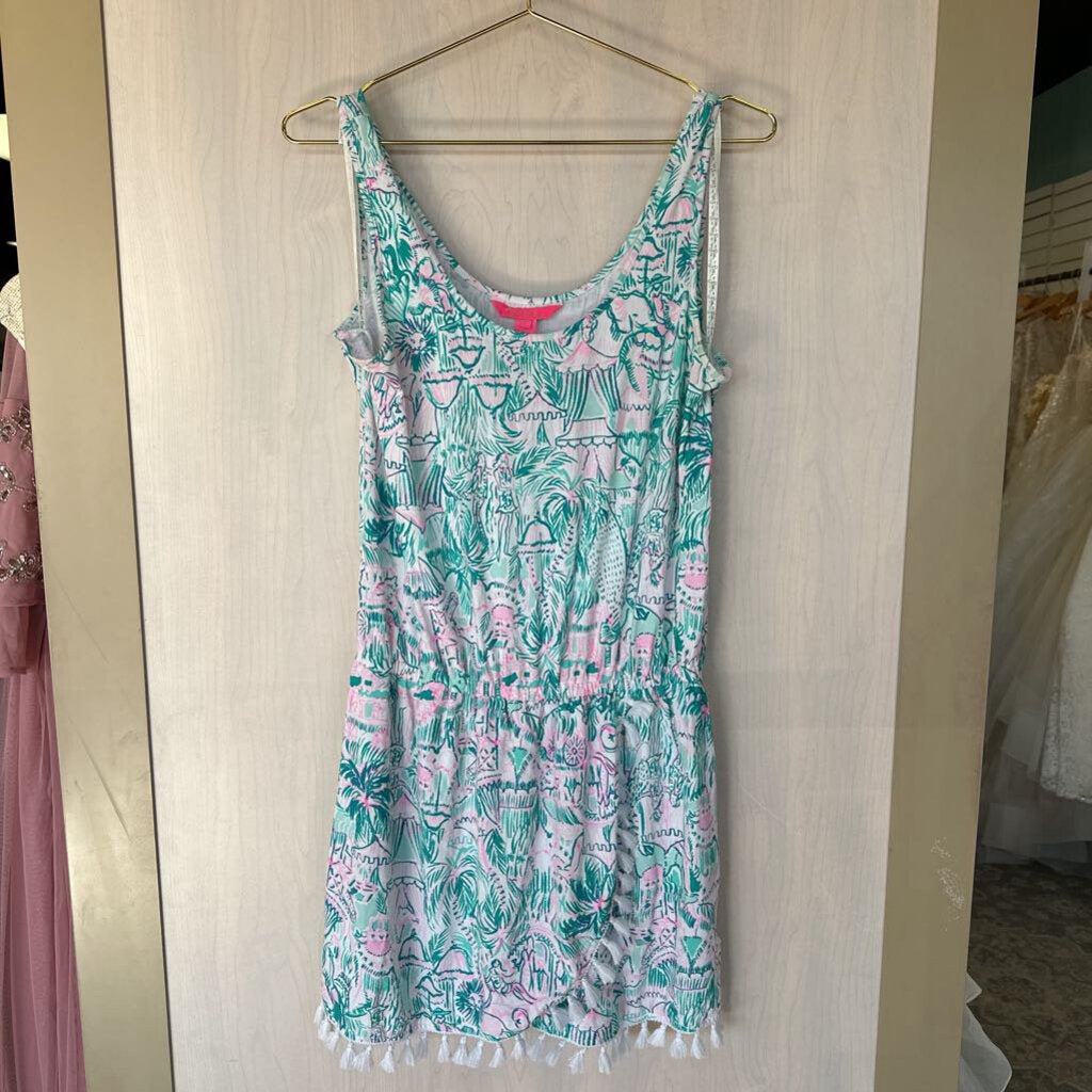Lilly Pulitzer Teal/Pink Romper with Tassels Medium