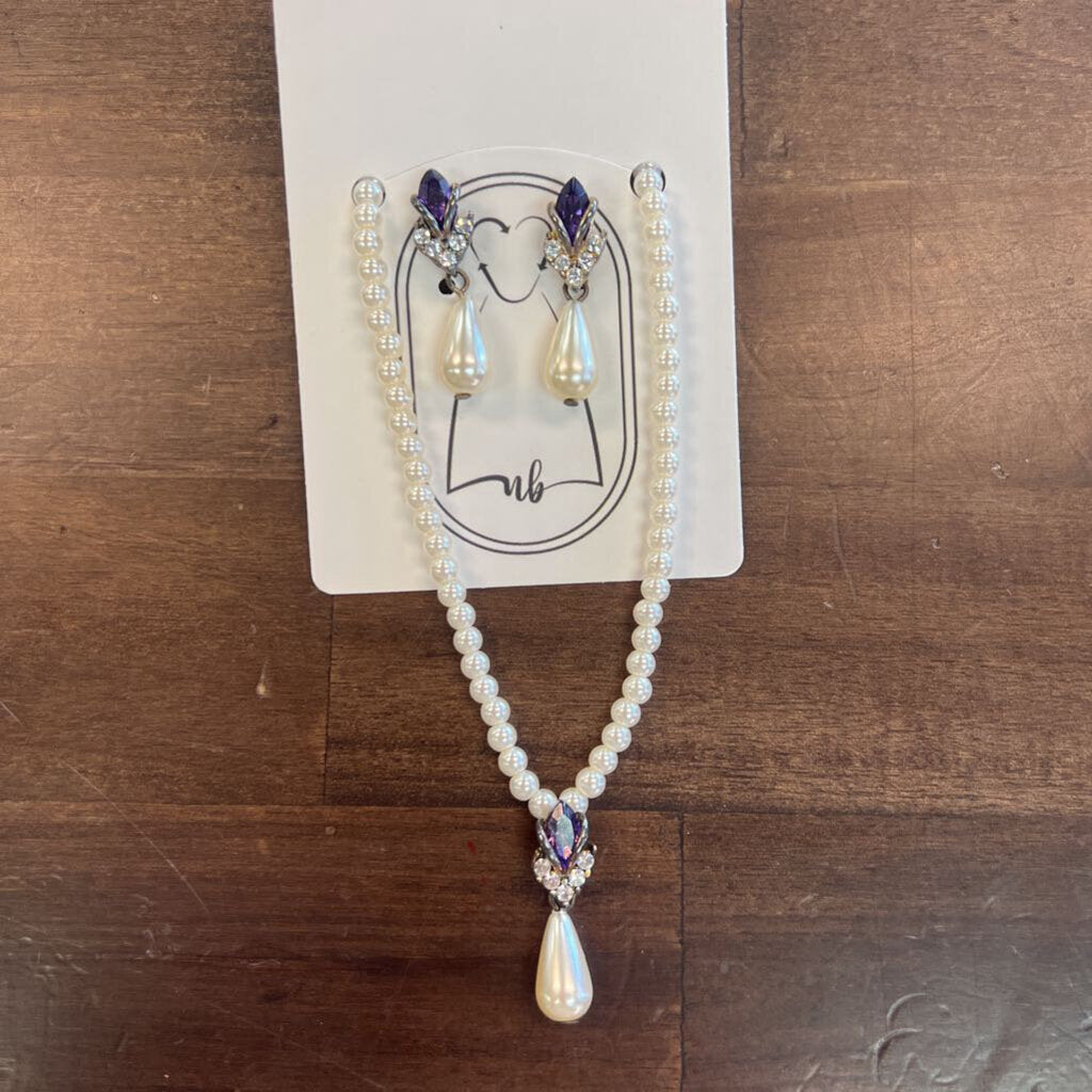 Pearl/ Purple Stone Necklace and Earring Set