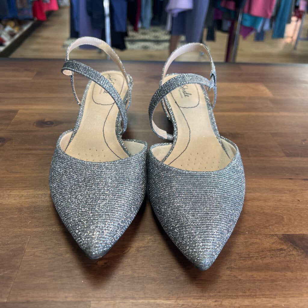 Dark Silver Sparkle Kitten Heel Slingbacks 9.5