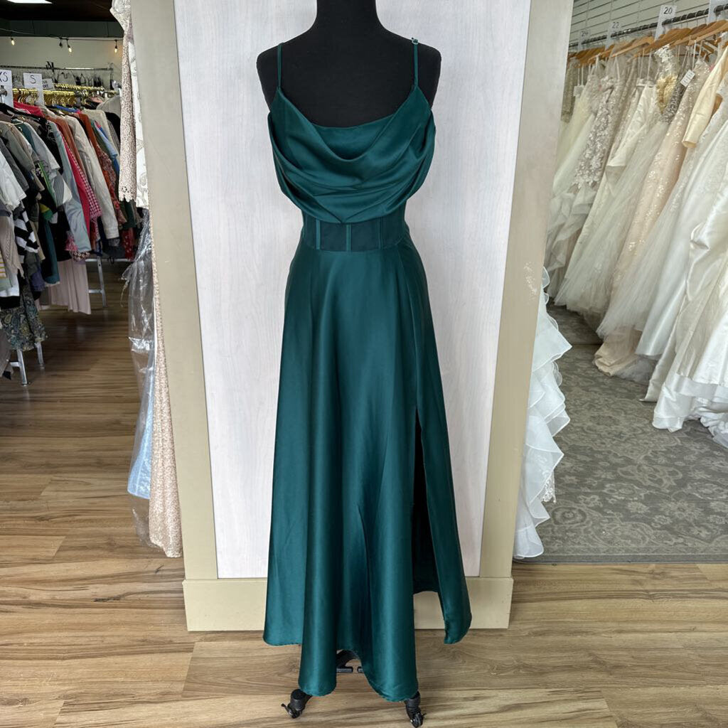 Hunter Green Satin Long Corset Dress 15/16