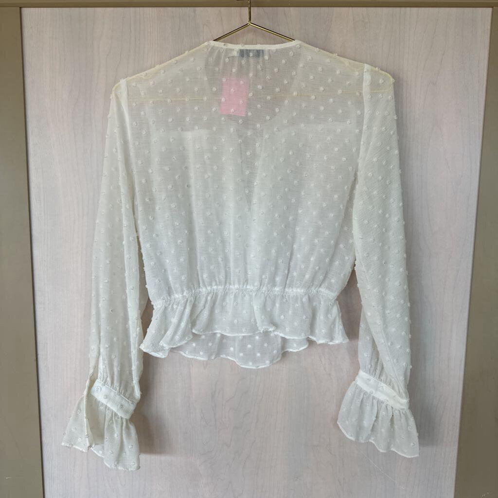 White Sheer Dotted Crop Peasant Top Small