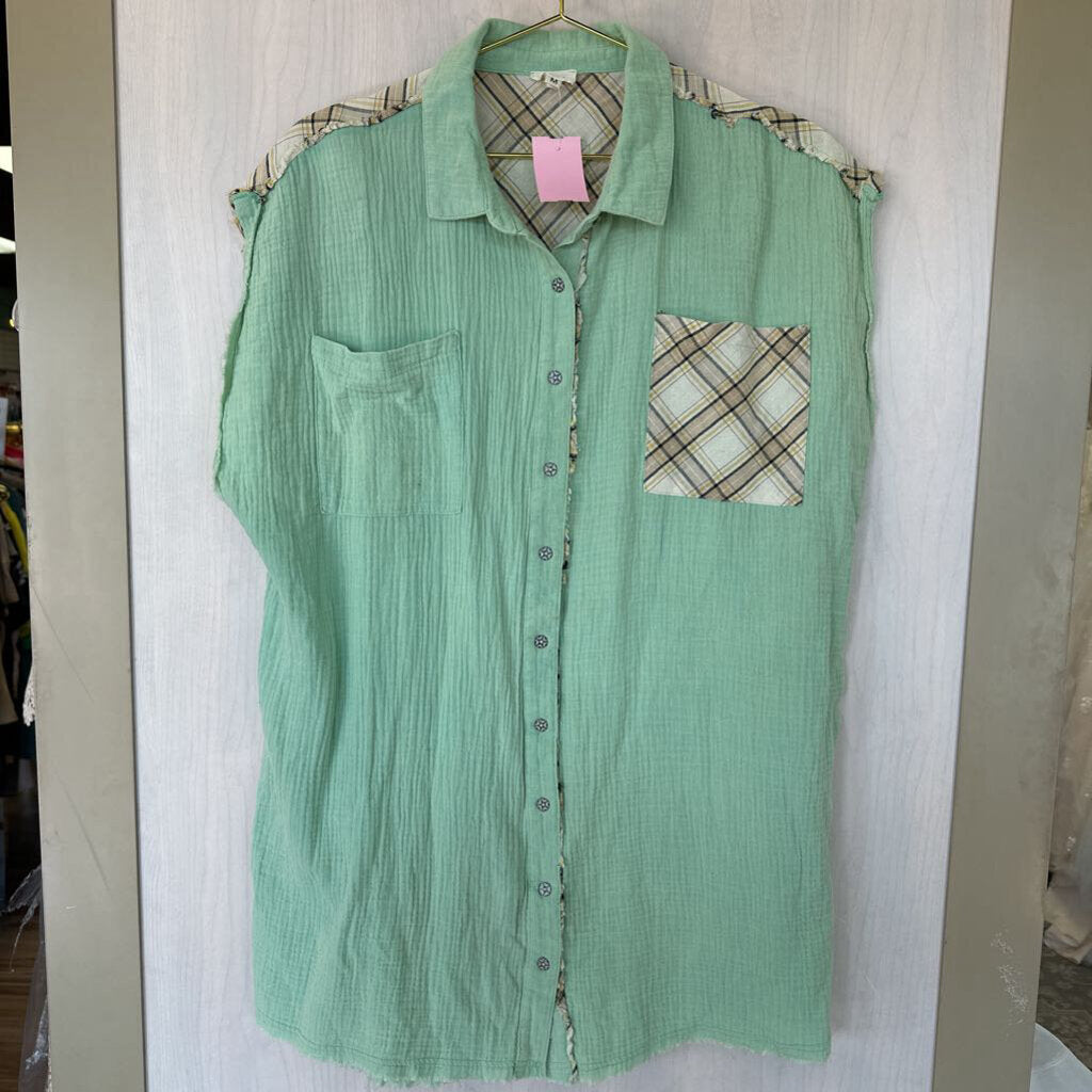 Light Green Crinkle Cotton Tunic with Plaid Medium