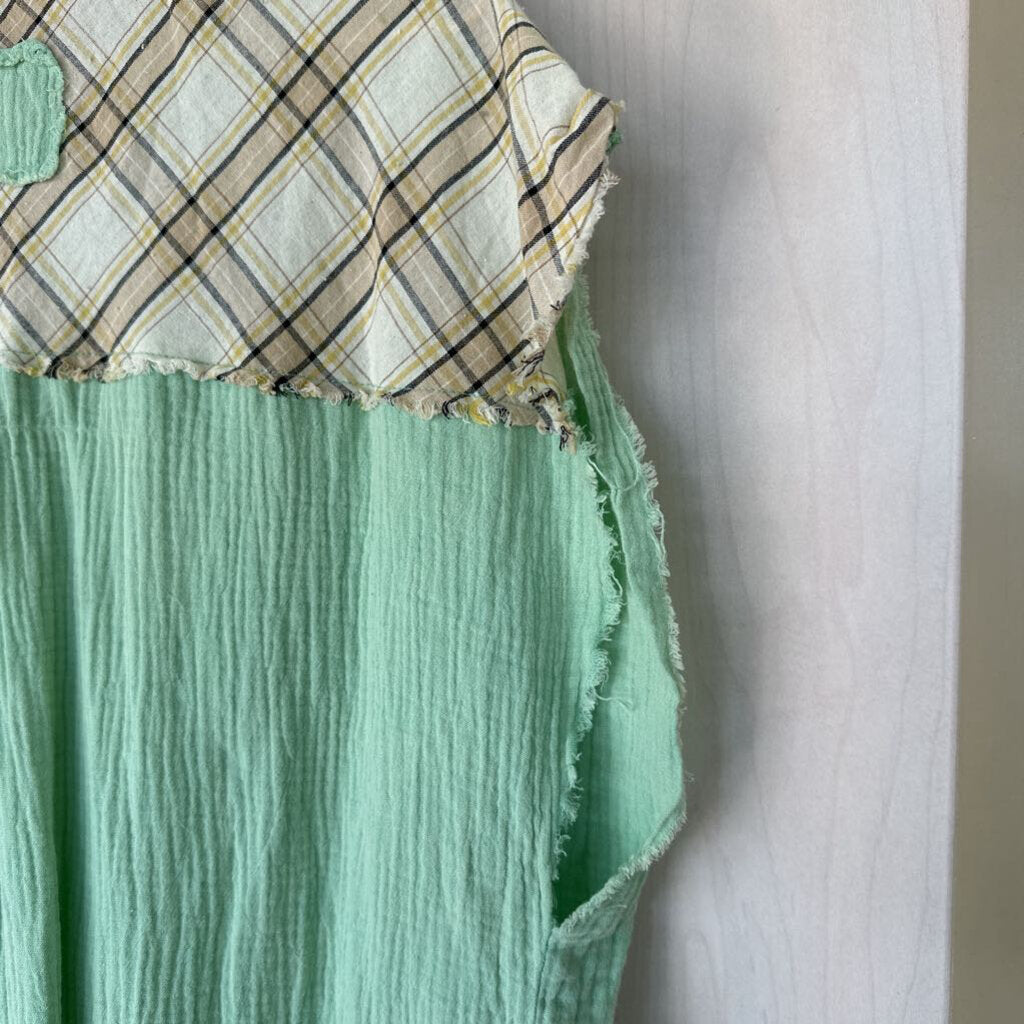 Light Green Crinkle Cotton Tunic with Plaid Medium