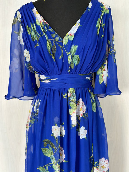 Adrianna Papell Royal Blue Floral Chiffon Short Sleeve V Neck Dress 8