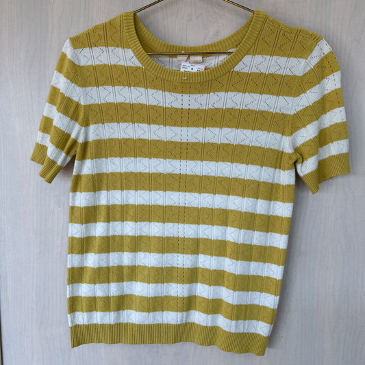 Anthropologie White/Yellow Striped Sweater Shortsleeve Small