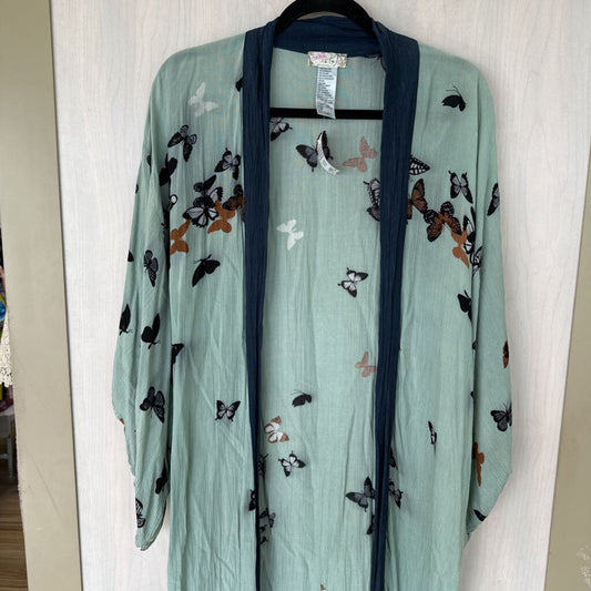Free People Mint/ Navy Butterfly Print Kimono One Size