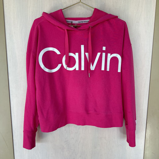 Calvin Klein Hot Pink 'Calvin' Graphic Cropped Hoodie Large