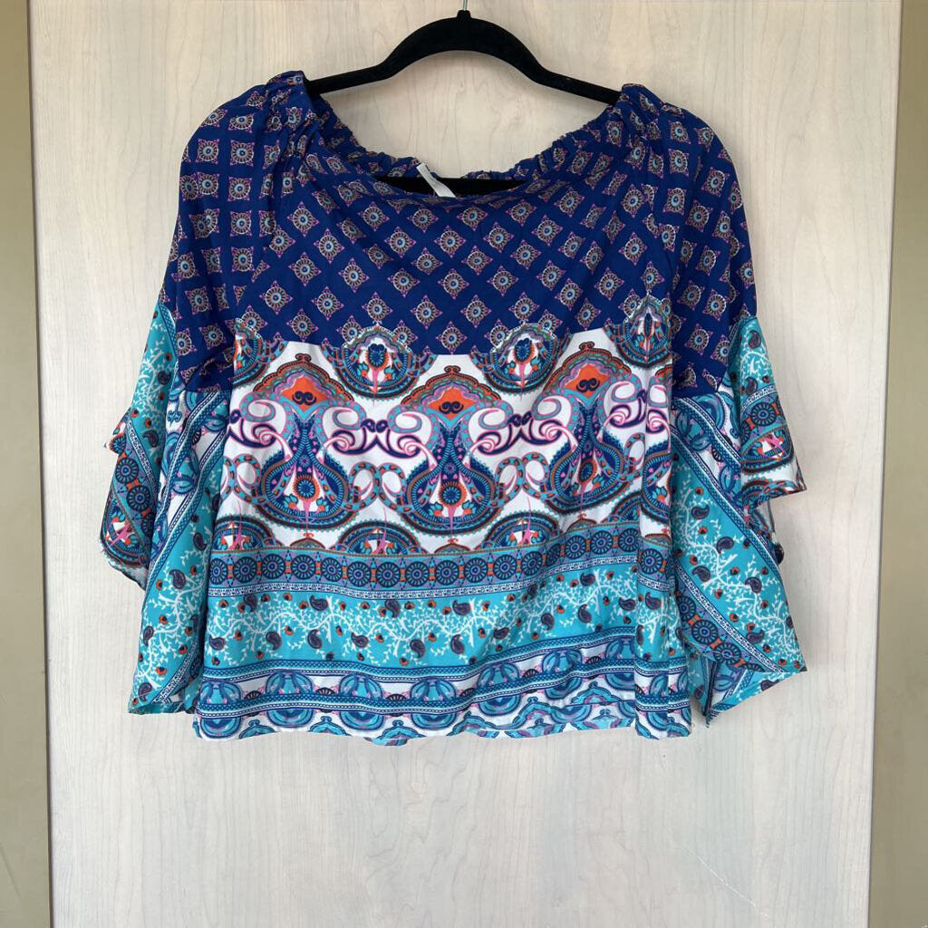 True Destiny Blue Print Off The Shoulder Top Small