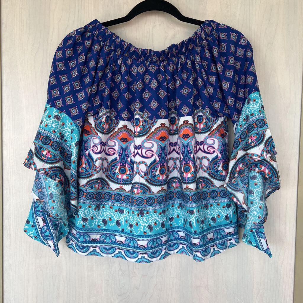 True Destiny Blue Print Off The Shoulder Top Small